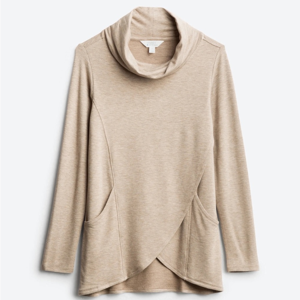 Never worn. New with tags. Cowl neck, tulip bottom, French terry knit top, Soft.